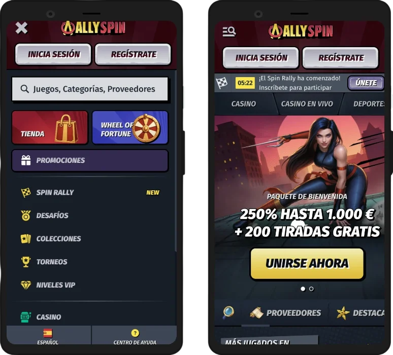 Aplicación móvil y versión web adaptativa de AllySpin Casino